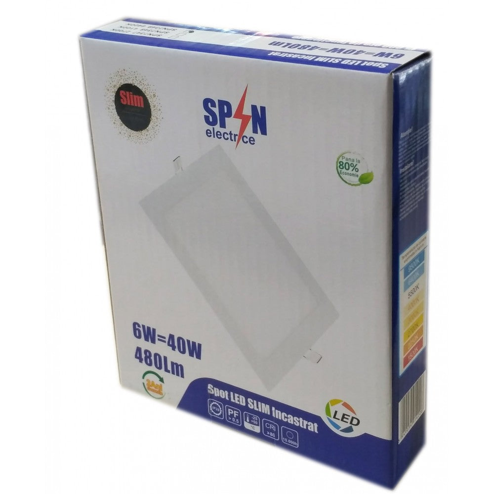 Spot Led Slim Patrat 120x120mm, 6W=40W, 6400K, lumina rece