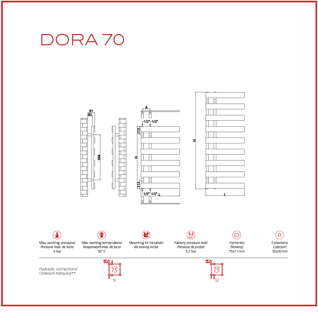 Calorifer baie portprosop decorativ cromat 500/1235 mm DORA 70 (include kit de instalare)
