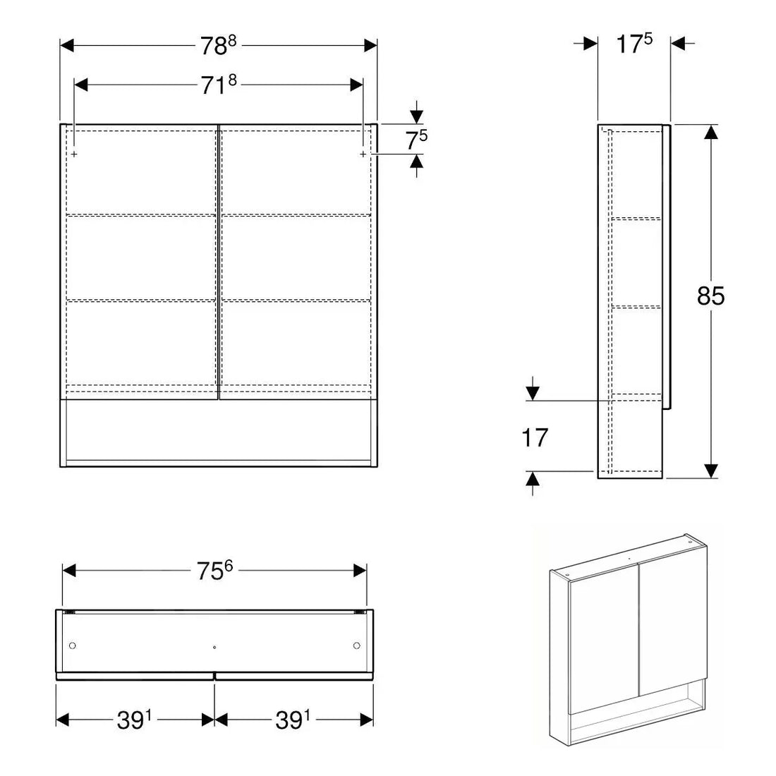 DULAP CU OGLINDA 80 CM SELNOVA SQUARE CU DOUA USI, NUC AMERICAN HICKORY DESCHIS