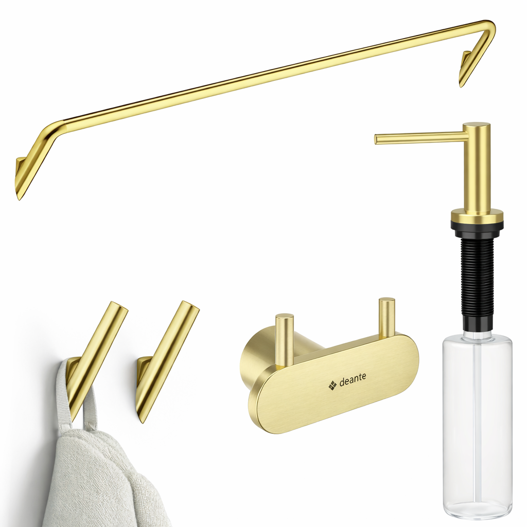 Set accesorii baie si bucatarie Deante Silia si Aster – suport prosop, carlige si dozator detergent, finisaj premium