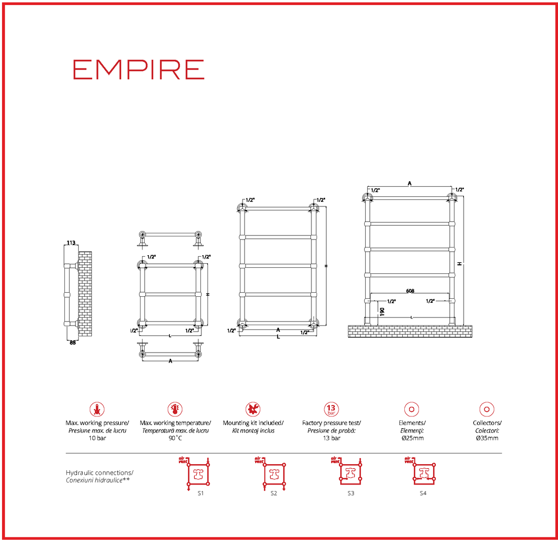 Calorifer baie portprosop decorativ cromat 600/920 mm EMPIRE E60 (include kit de instalare)