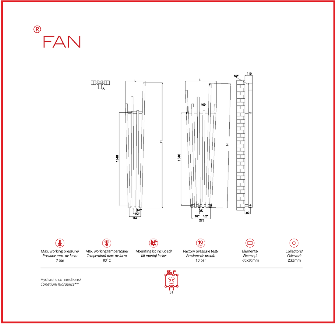 Calorifer decorativ cromat 285/1800 mm FAN (include kit de instalare)