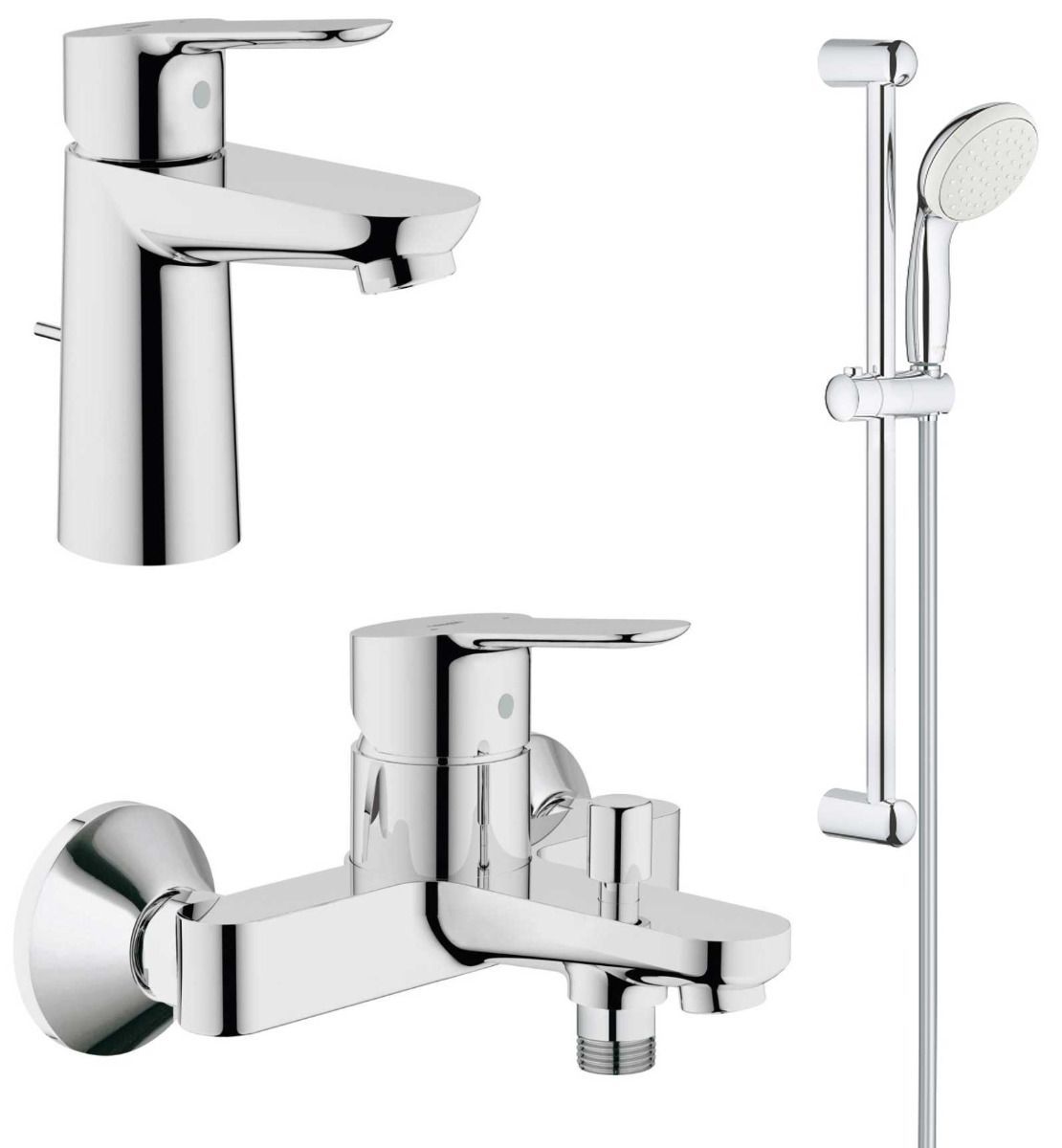 Set baterii baie GROHE BauEdge cu baterie lavoar, baterie cada si set de dus Tempesta 110 cu bara