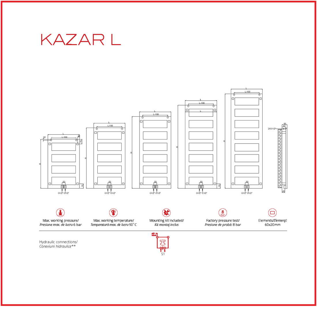 Calorifer baie portprosop decorativ inox 500/1140 mm KAZAR (include kit de instalare)