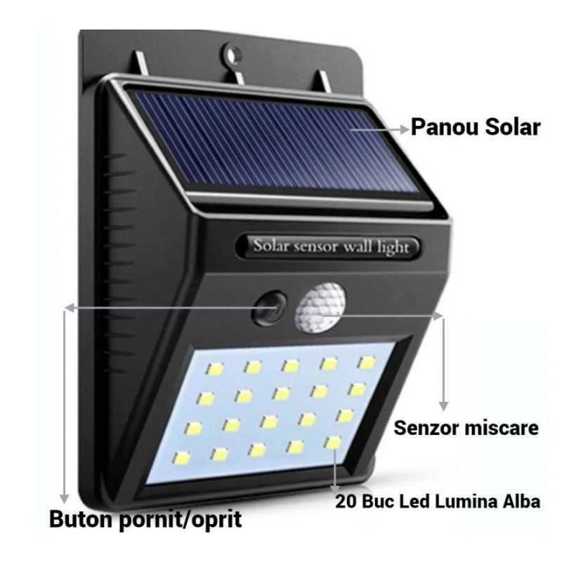 LAMPA LED CU INCARCARE SOLARA SI SENZOR DE MISCARE SMD2835 20LED 5V 5W 800MAH
