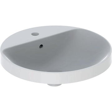 LAVOAR ÎNCORPORAT GEBERIT VARIFORM, ROTUND, CU BANC CU ORIFICII DE ROBINET D-48CM, PREAPLIN VIZIBIL, GLAZURAT ALB