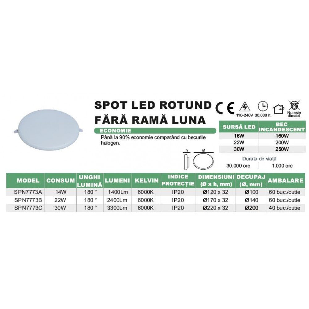 Spot Led Luna fara rama, Ã˜170mm, 22W=200W, 6000K, lumina rece