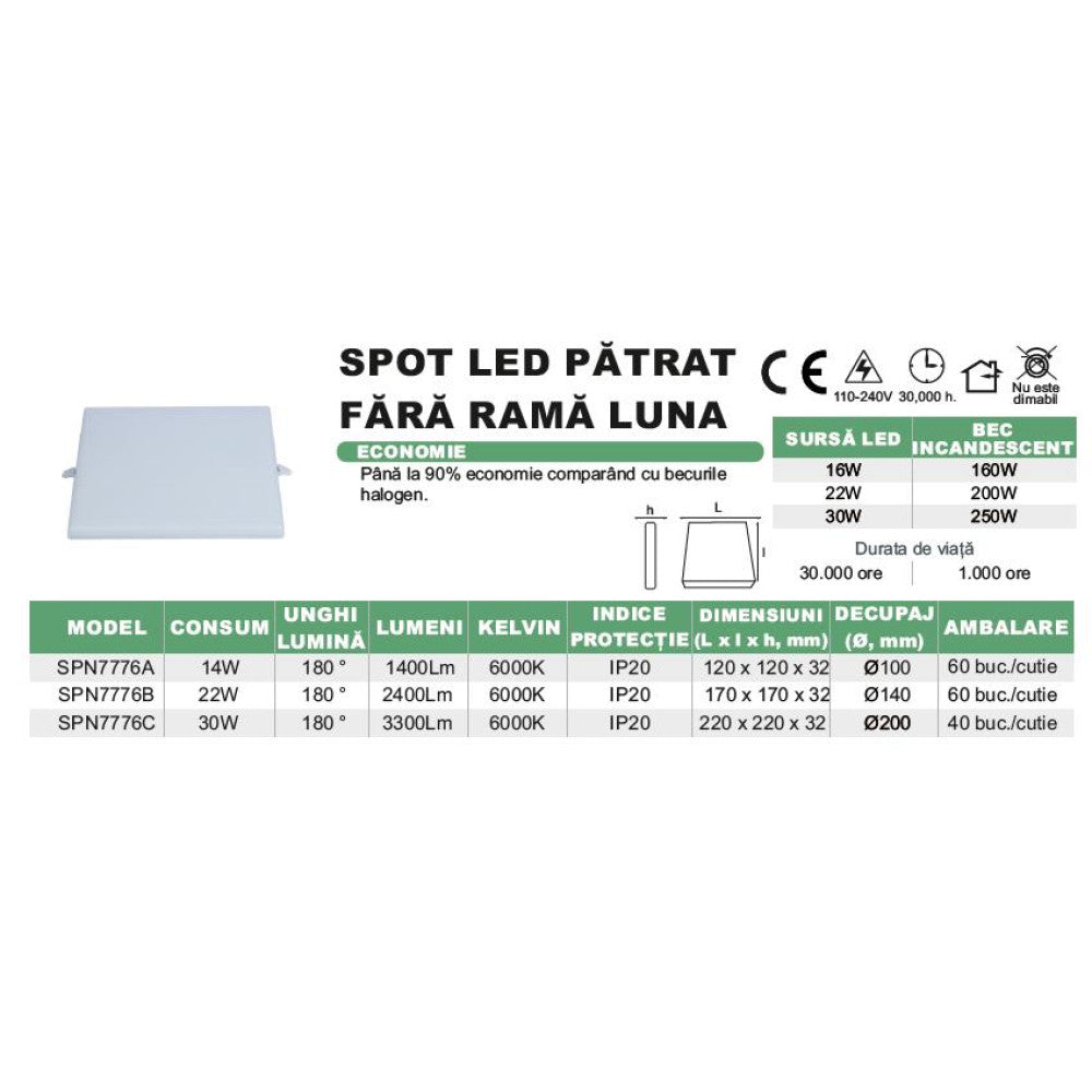 Spot Led Luna fara rama, 120x120mm, 14W=130W, 6000K, lumina rece