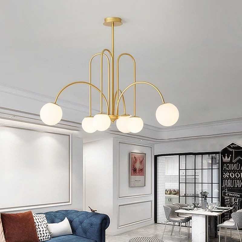 Lustra LED Gold Cu 6 Glob Alb Mat