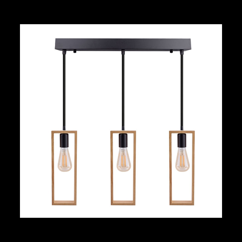 Lustra suspendata moderna din lemn natural, structura metalica, negru mat, 3 x E27