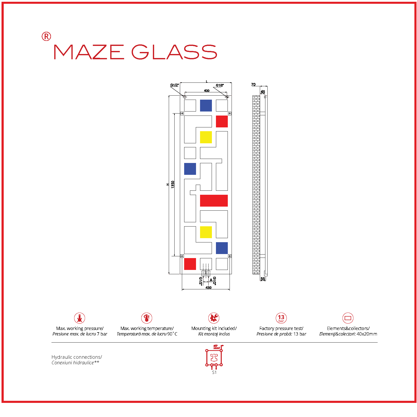 Calorifer decorativ inox 490/1690 mm MAZE GLASS (include kit de instalare)