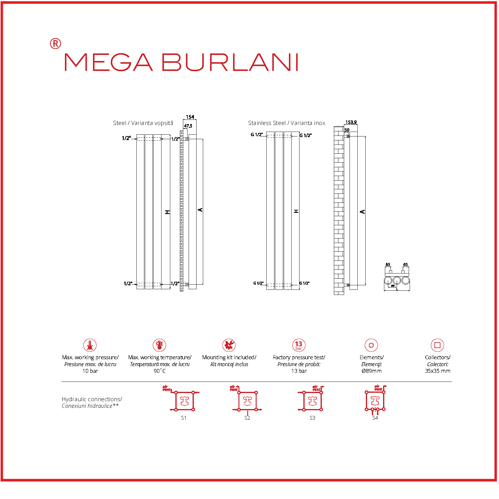 Calorifer decorativ inox 89/1800 mm MEGA BURLANI (include kit de instalare)