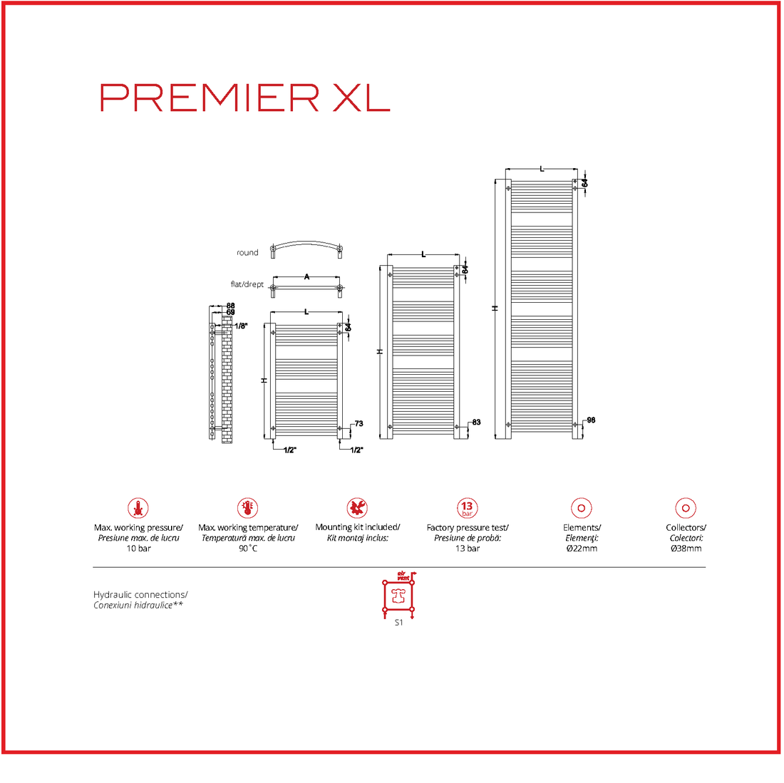 Calorifer baie portprosop decorativ inox 600/1200 mm PREMIER XL (include kit de instalare)