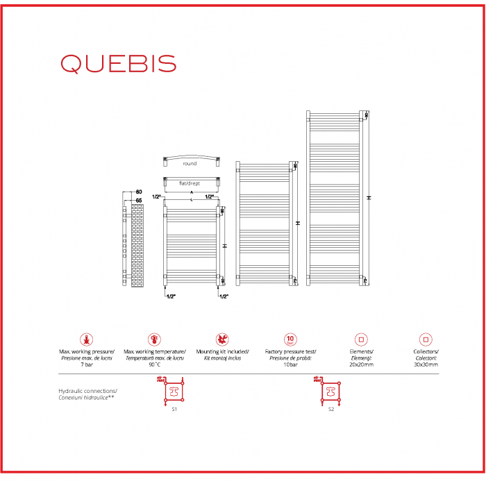 Calorifer baie portprosop decorativ drept cromat / QUEBIS (disponibil pe baza de comanda la furnizor)
