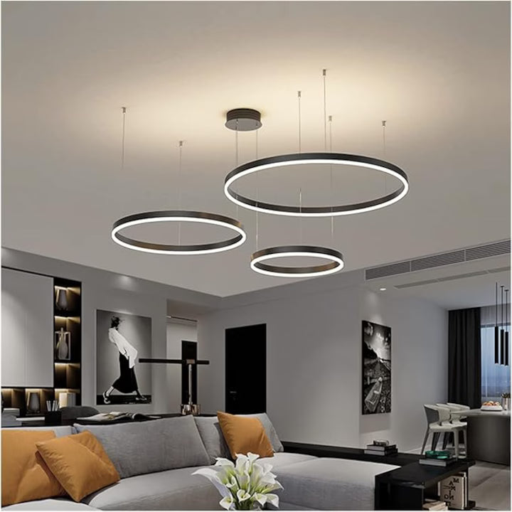 Black LED Chandelier 3 lights 80cm+60cm+40cm with 2.4G wifi remote control light/cold/warm/neutral adjustable intensity