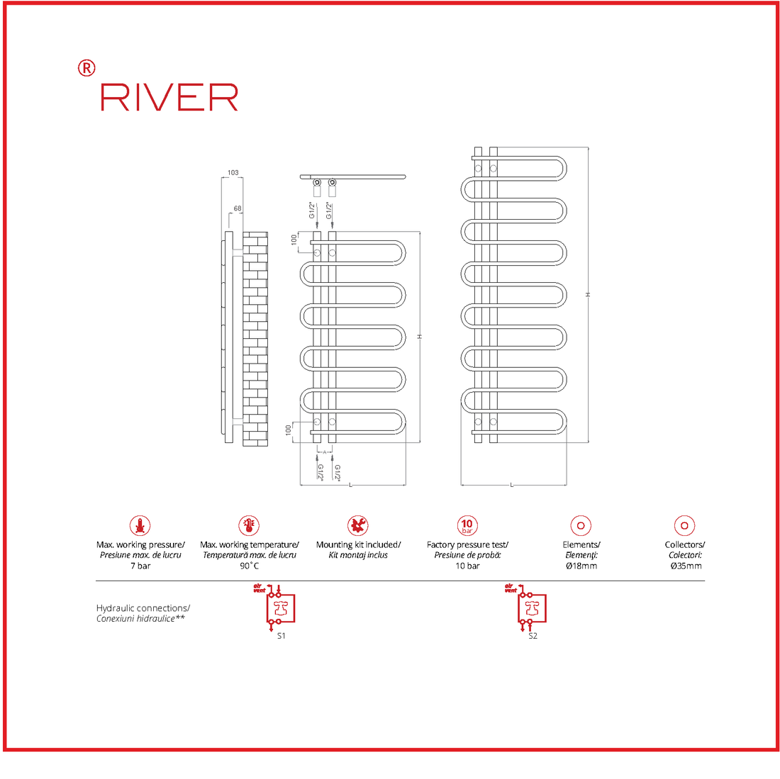 Calorifer baie portprosop decorativ inox 500/1000 mm RIVER (include kit de instalare)