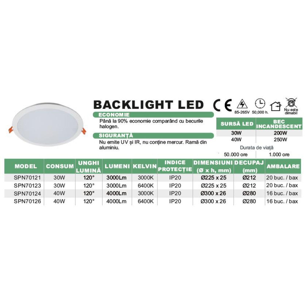 Spot Led Slim Ã˜225, 30W=200W, 3000K, lumina calda