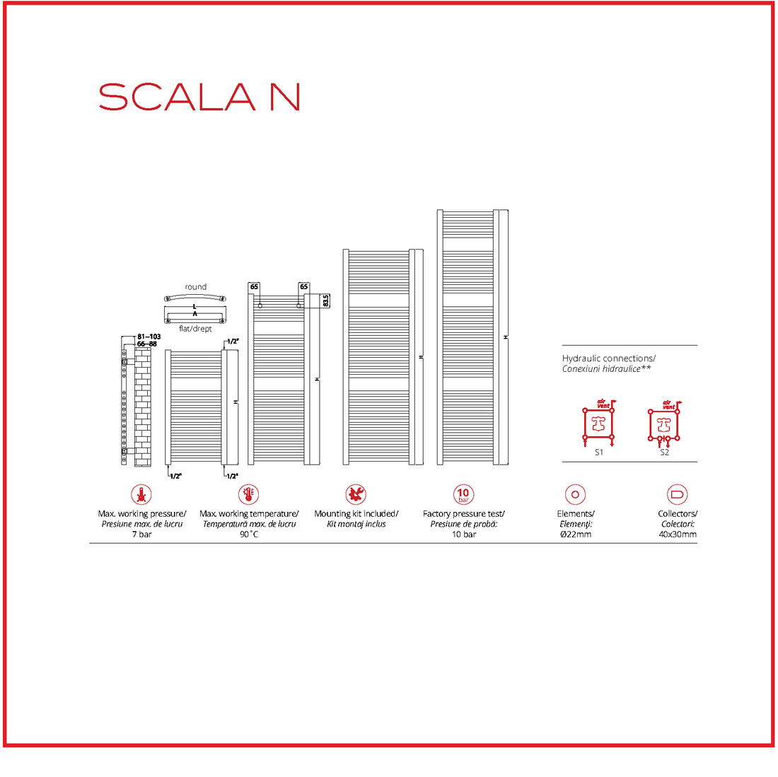 Calorifer baie portprosop cromat 500/800 mm SCALA N (include kit de instalare)