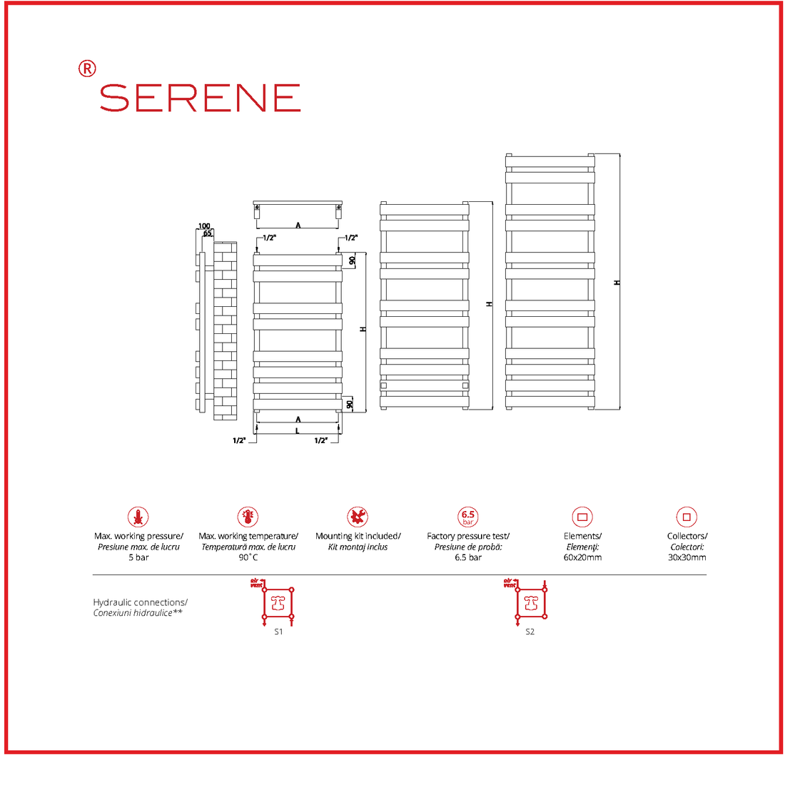 Calorifer baie portprosop decorativ inox 500/900 m SERENE (include kit de instalare)