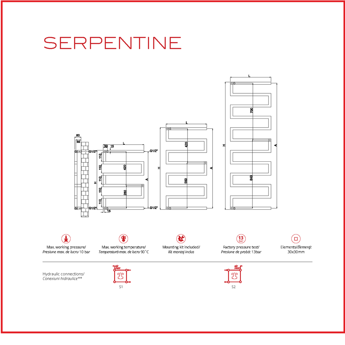 Calorifer baie portprosop decorativ inox 500/1010 mm SERPENTINE (include kit de instalare)