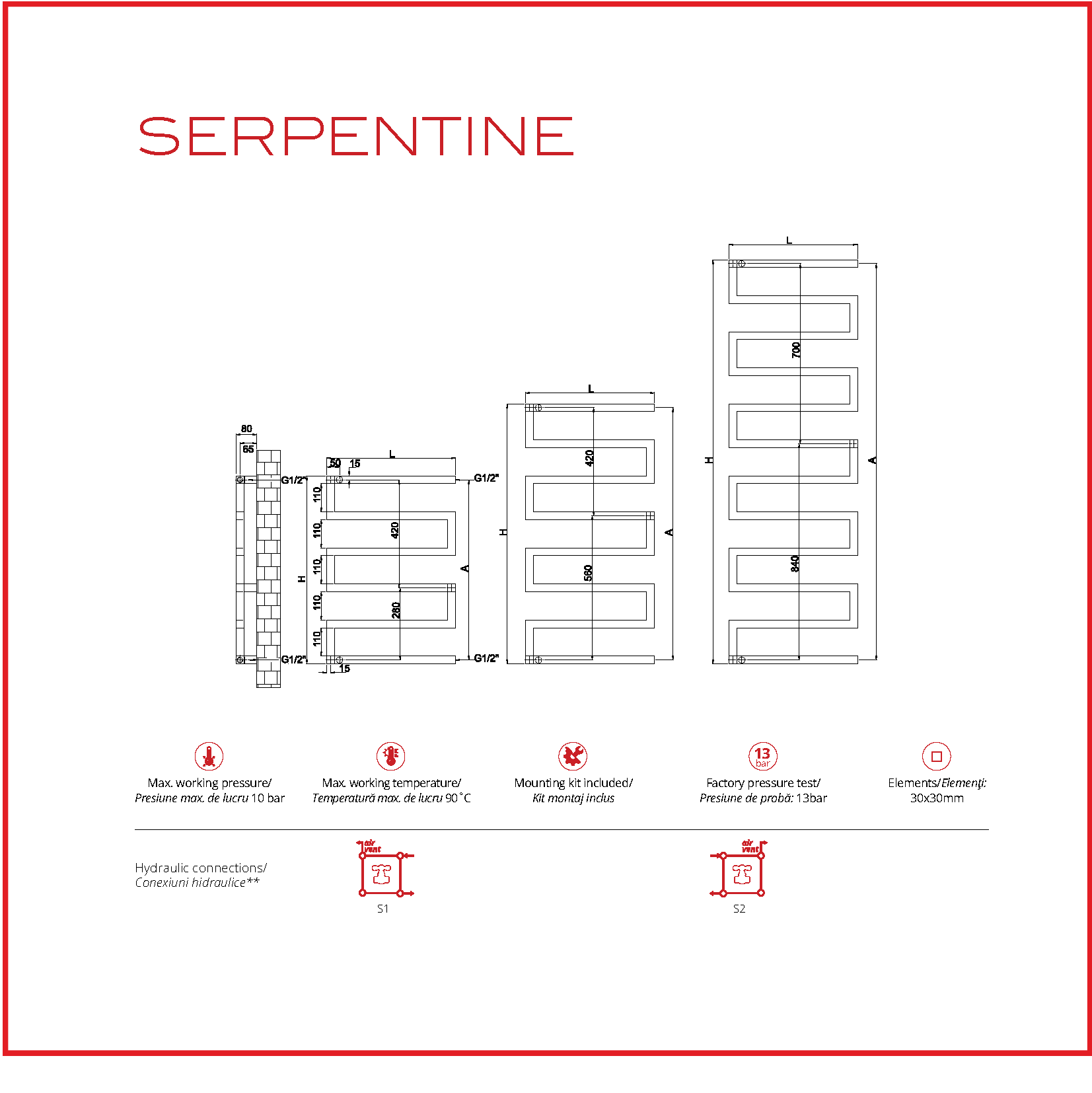 Calorifer baie portprosop decorativ inox 500/ Radox 1570 mm SERPENTINE (include kit de instalare) - imagine 2