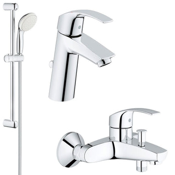 Set baterii baie GROHE Eurosmart M cu baterie lavoar, baterie cada si set dus Tempesta 100, crom