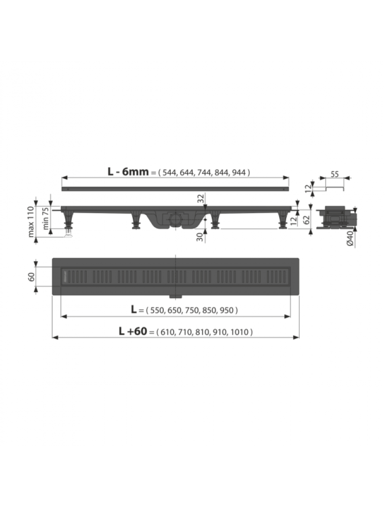 CANAL DE SCURGERE APZ10 BLACK SIMPLE CU GRATAR PERFORAT, 750MM, OTEL INOXIDABIL NEGRU MAT