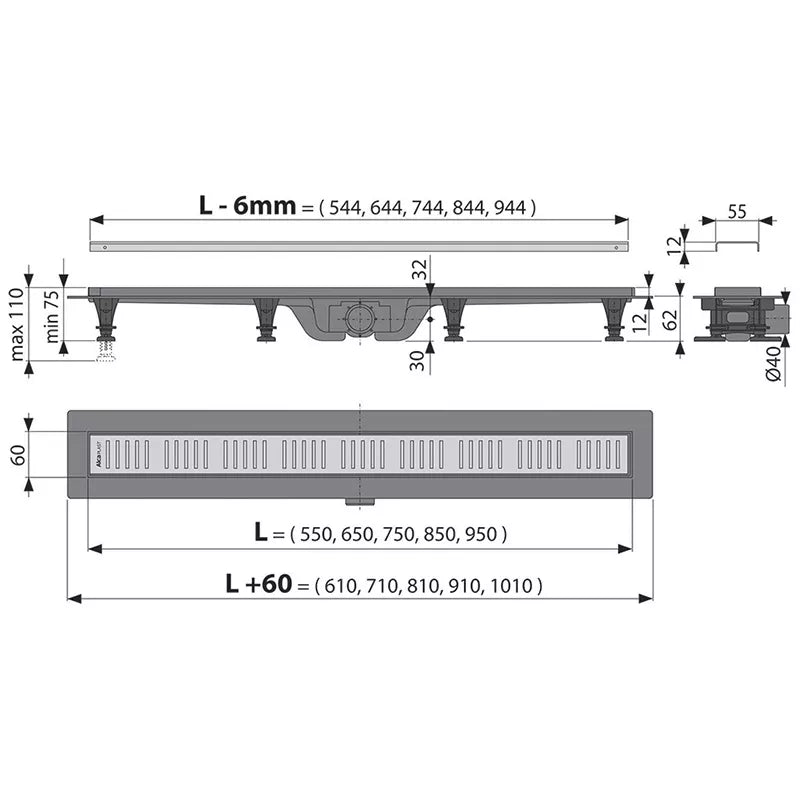 CANAL DE SCURGERE APZ10 BLACK SIMPLE CU GRATAR PERFORAT, 650MM, OTEL INOXIDABIL NEGRU MAT