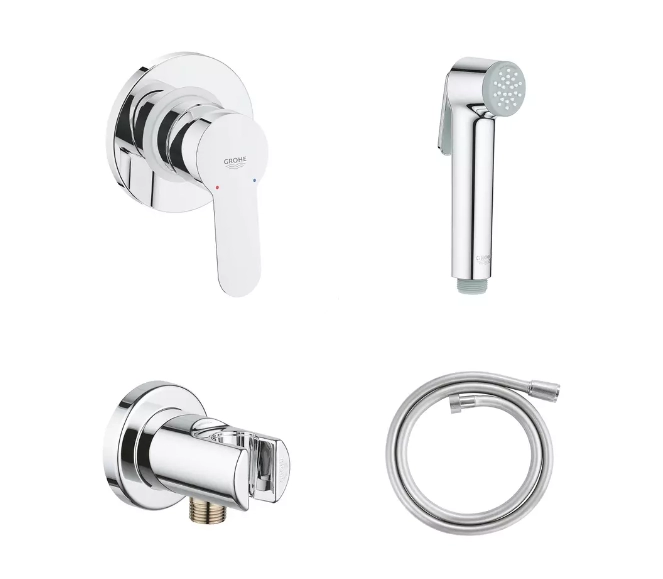 Set dus igiena intima cu baterie incastrata Grohe Bau Edge, furtun 1.25 M si agatatoare