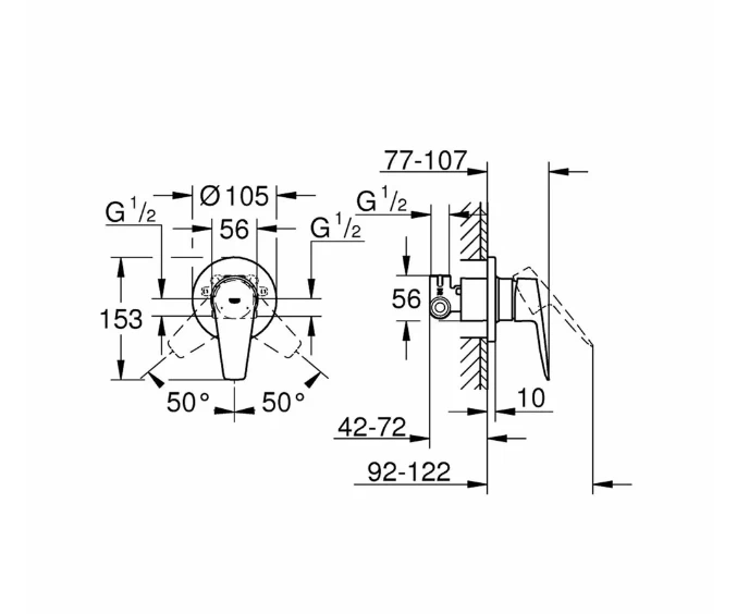 Set dus igiena intima cu baterie incastrata Grohe Bau Edge, furtun 1.25 M si agatatoare