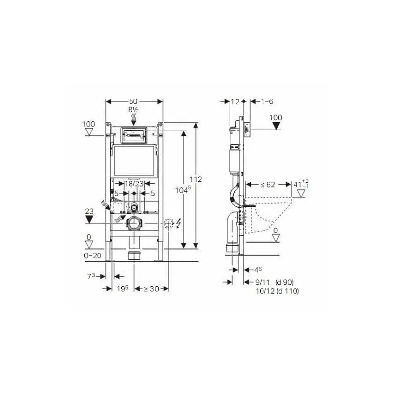 Set rezervor incastrat cu cadru Geberit Delta UP 100, cu clapeta Delta 20 crom si set de fixare