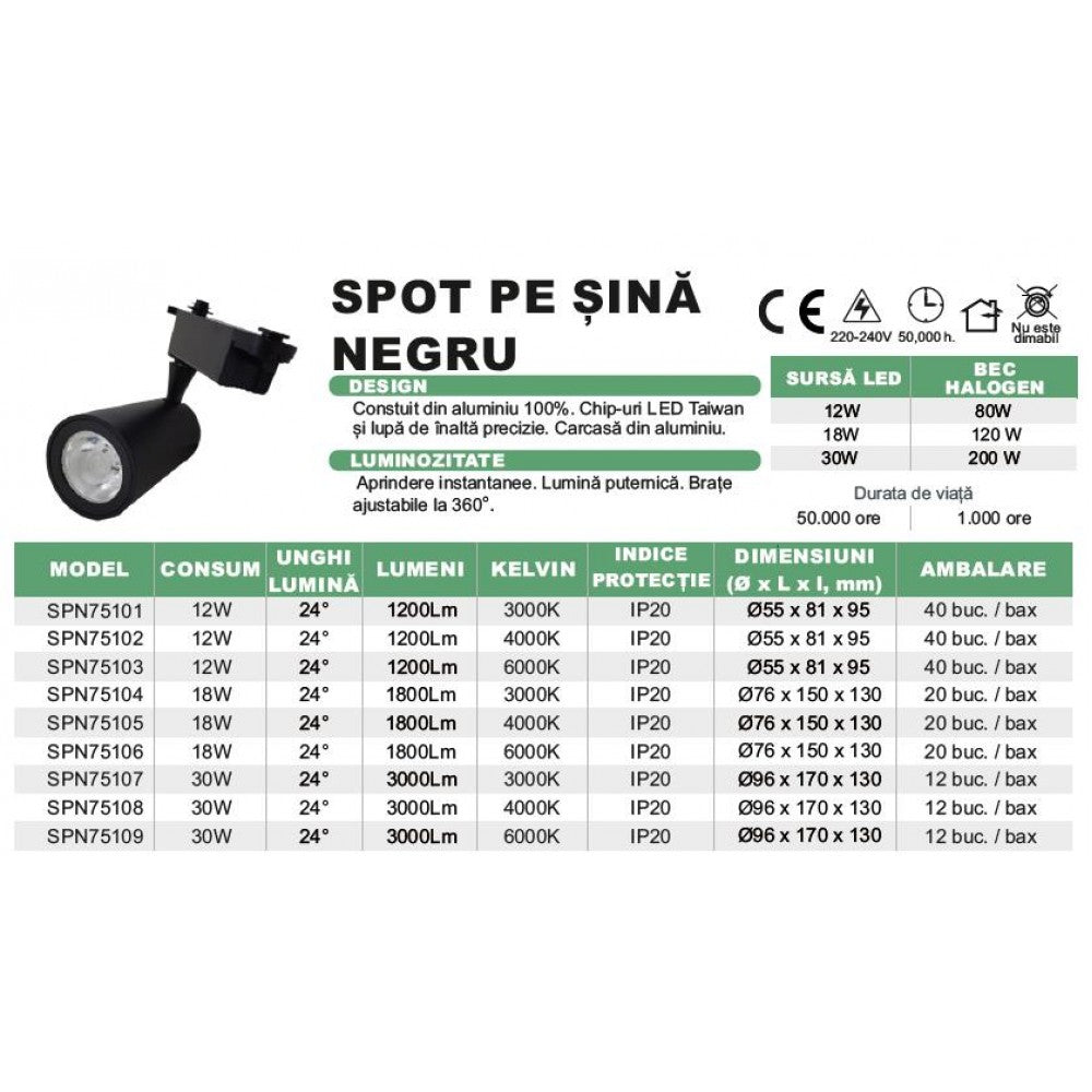 Spot Sina Negru 18W=180W, 6000K, lumina rece