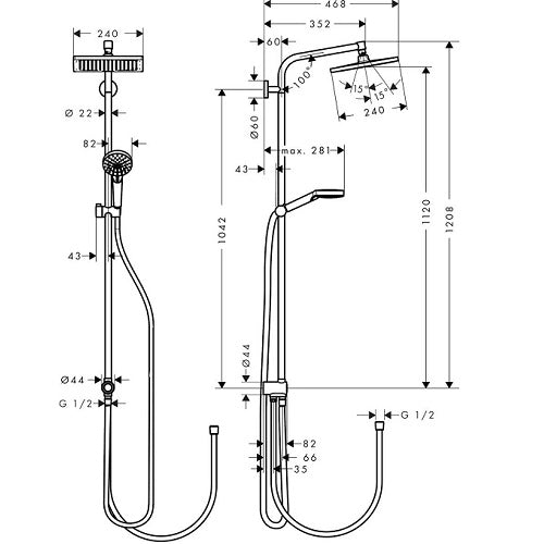 SISTEM DUS MONOCOMANDA CERAFLOW ALU+ ,CAP DUS 260 MM 2 JETURI, FURTUN 1750MM SI PARA 100MM 2 JETURI, SILK BLACK
