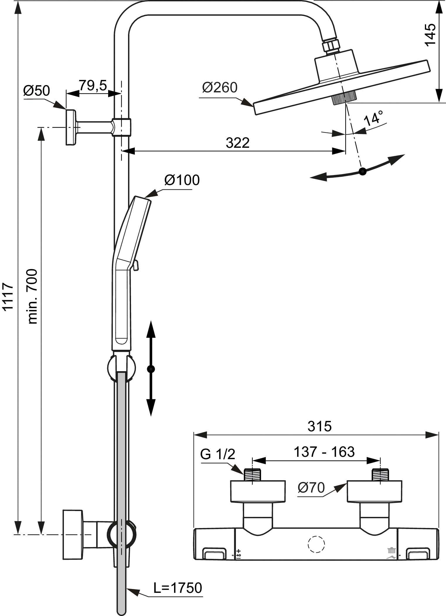 SISTEM DUS TERMOSTATIC CERATHERM ALU+ ,CAP DUS 260 MM 2 JETURI, FURTUN 1750MM SI PARA 100MM 2 JETURI, SILVER