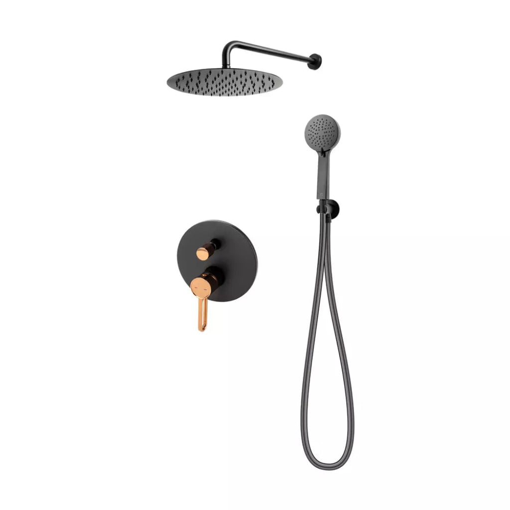 Sistem dus 6 in 1 Zaffiro cu baterie incastrata, finisaj negru roz auriu si design modern pentru bai elegante