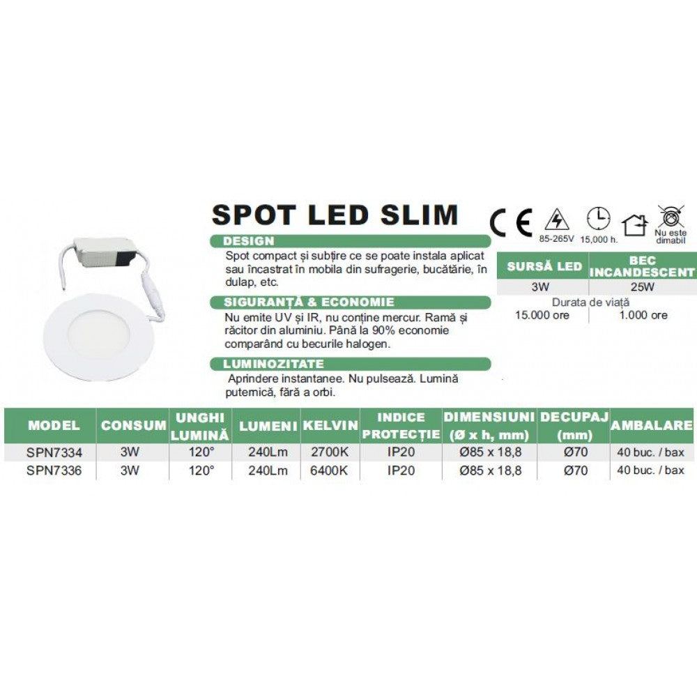 Spot Led Slim Ã˜85, 3W=25W, 2700K, lumina calda