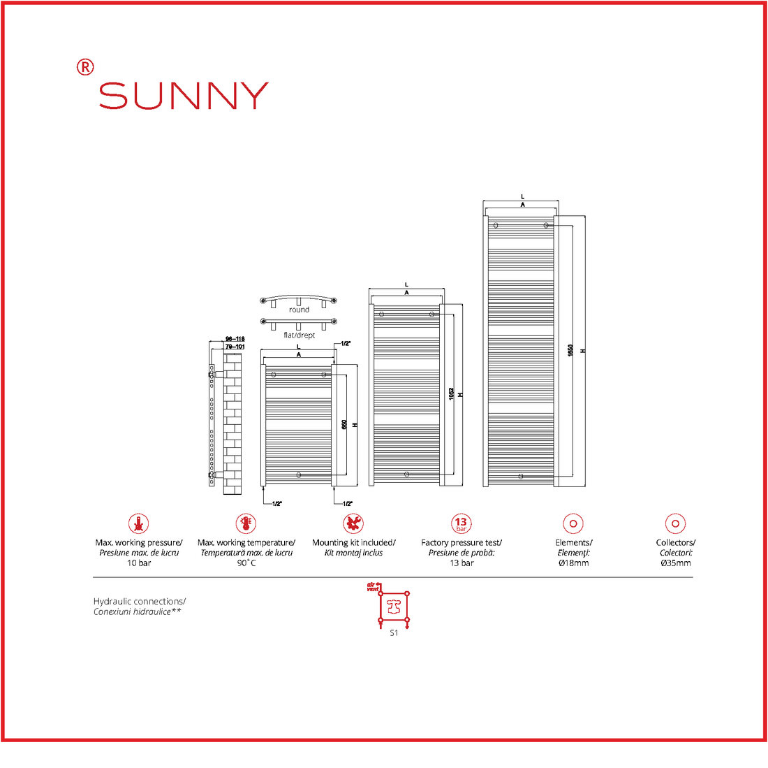 Calorifer baie portprosop decorativ inox 500/800 mm SUNNY (include kit de instalare)