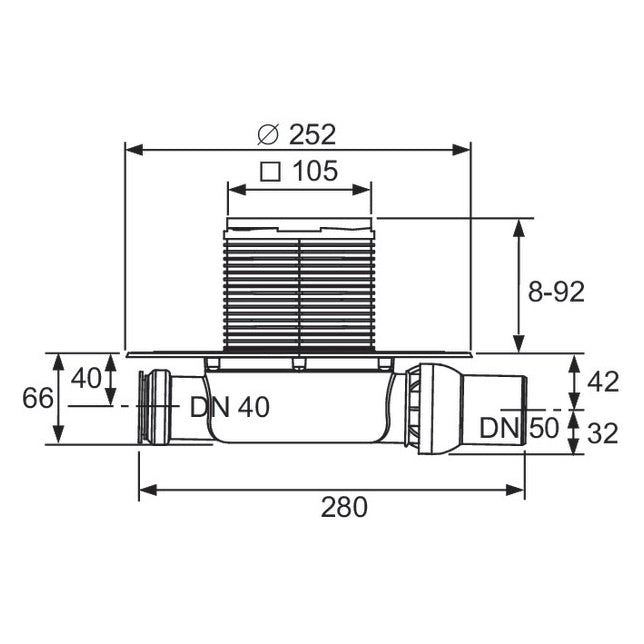 Sifon de pardoseala Tece drainpoint, 105 x 105 mm, iesire laterala DN 50, extra plat cu flansa universala, 3601100PR grossmann