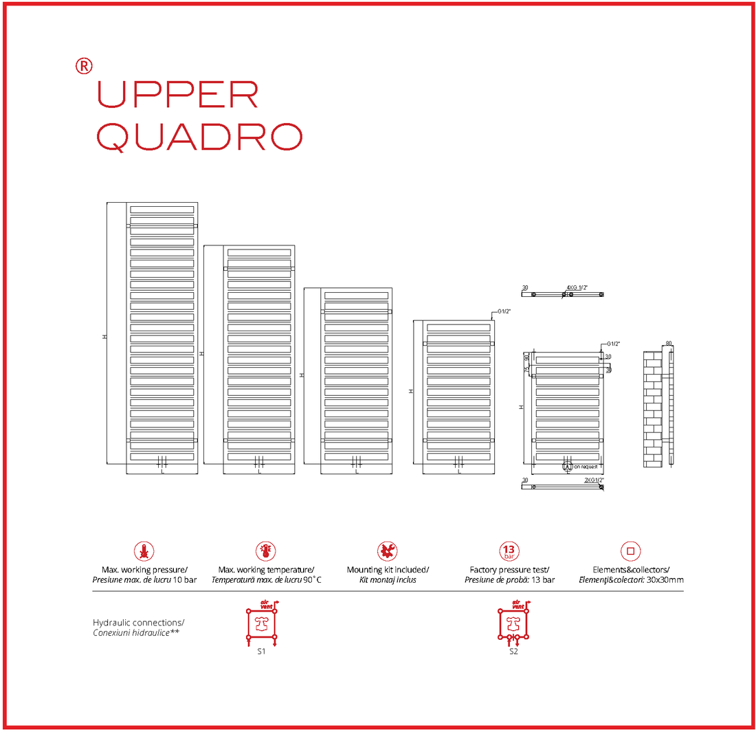 Calorifer baie portprosop decorativ cromat 500/1230 mm UPPER QUADRO (include kit de instalare)