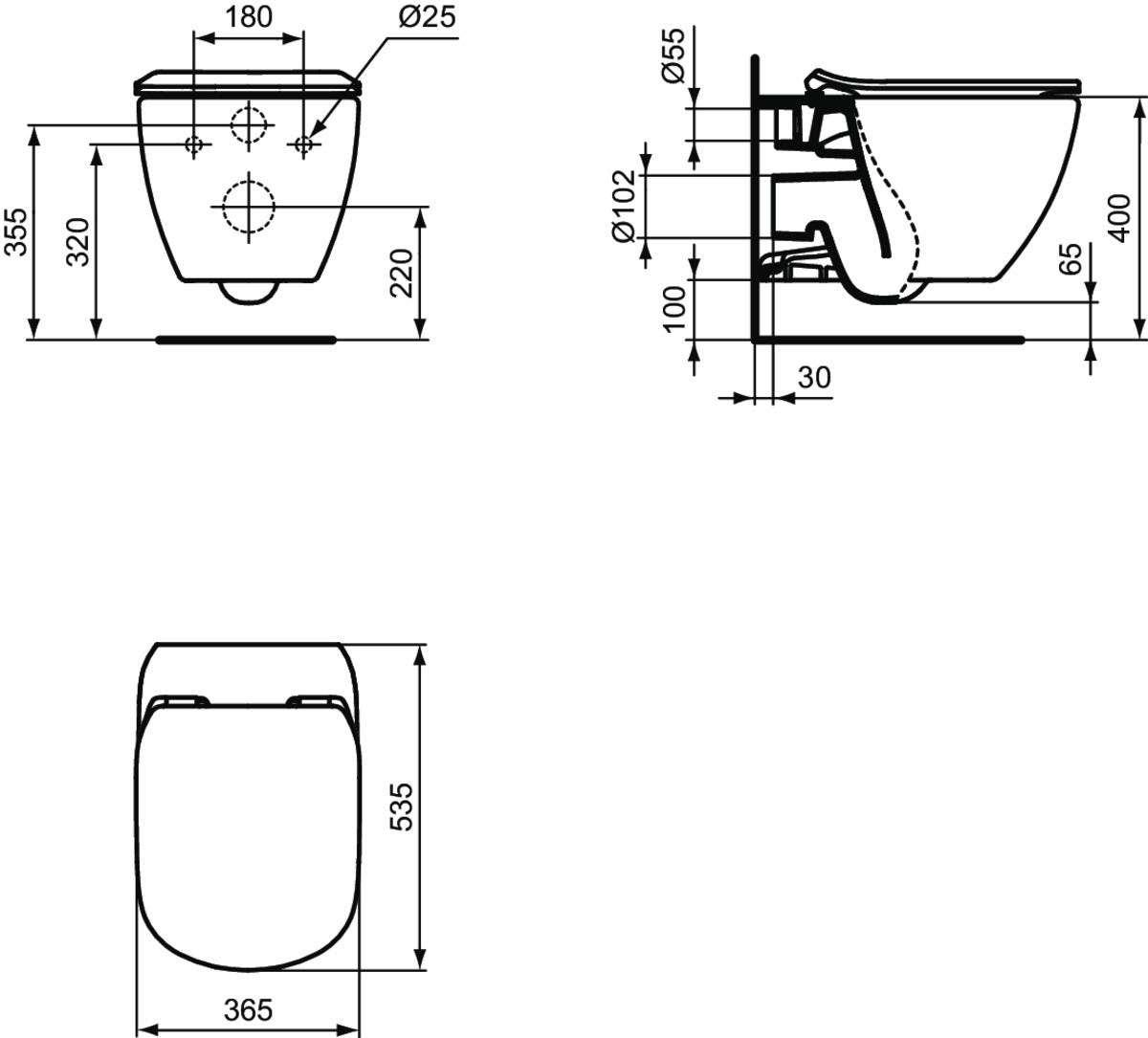 Vas wc suspendat Ideal Standard Tesi Aquablade 54x36 cm, prinderi ascunse, alb
