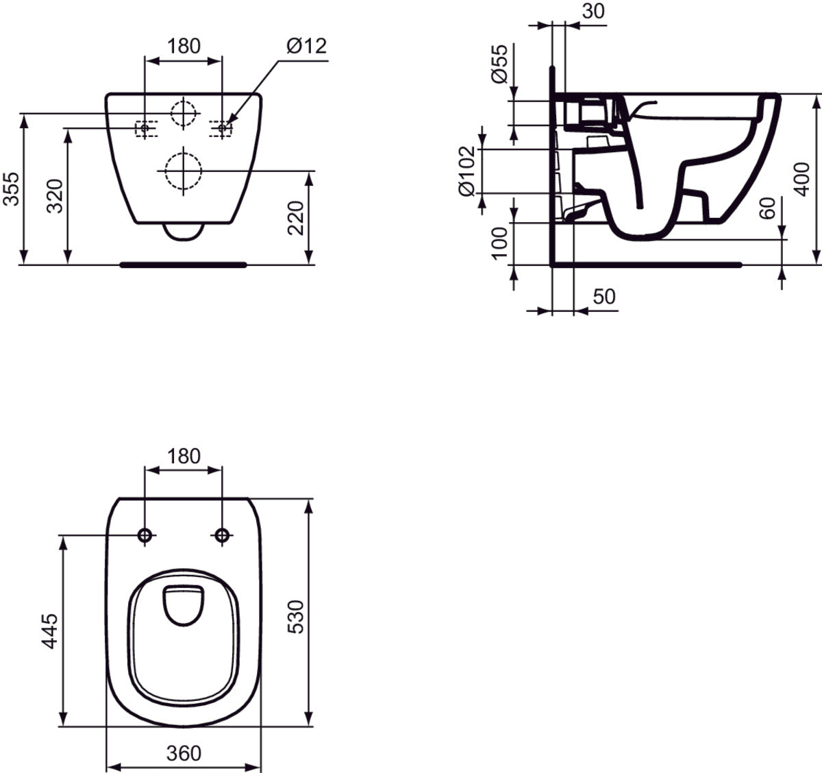 Vas wc suspendat Ideal Standard Tesi RimLess+ 53 x 36 cm, alb