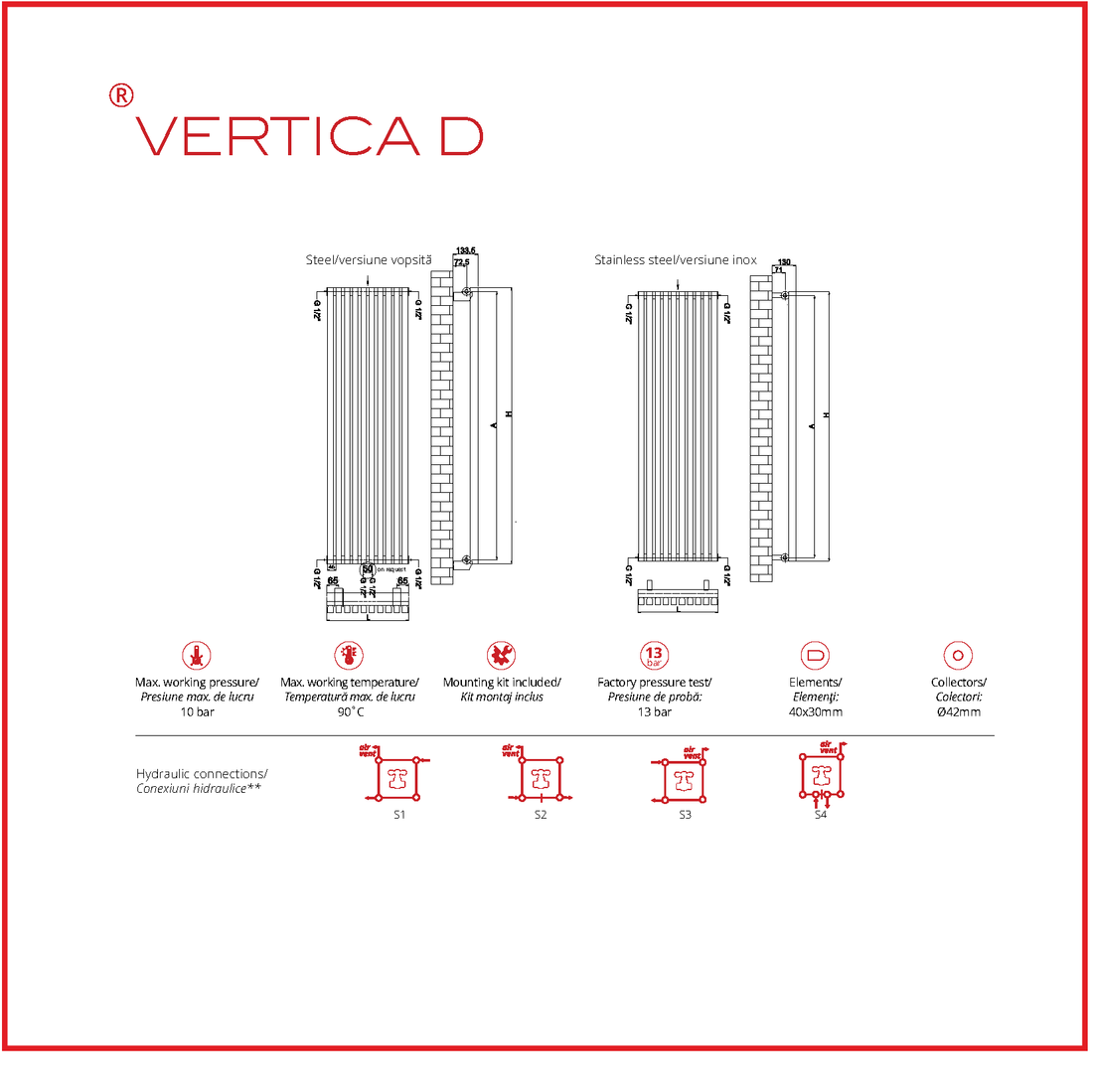 Calorifer decorativ inox 445/1500 mm VERTICA D (include kit de instalare)