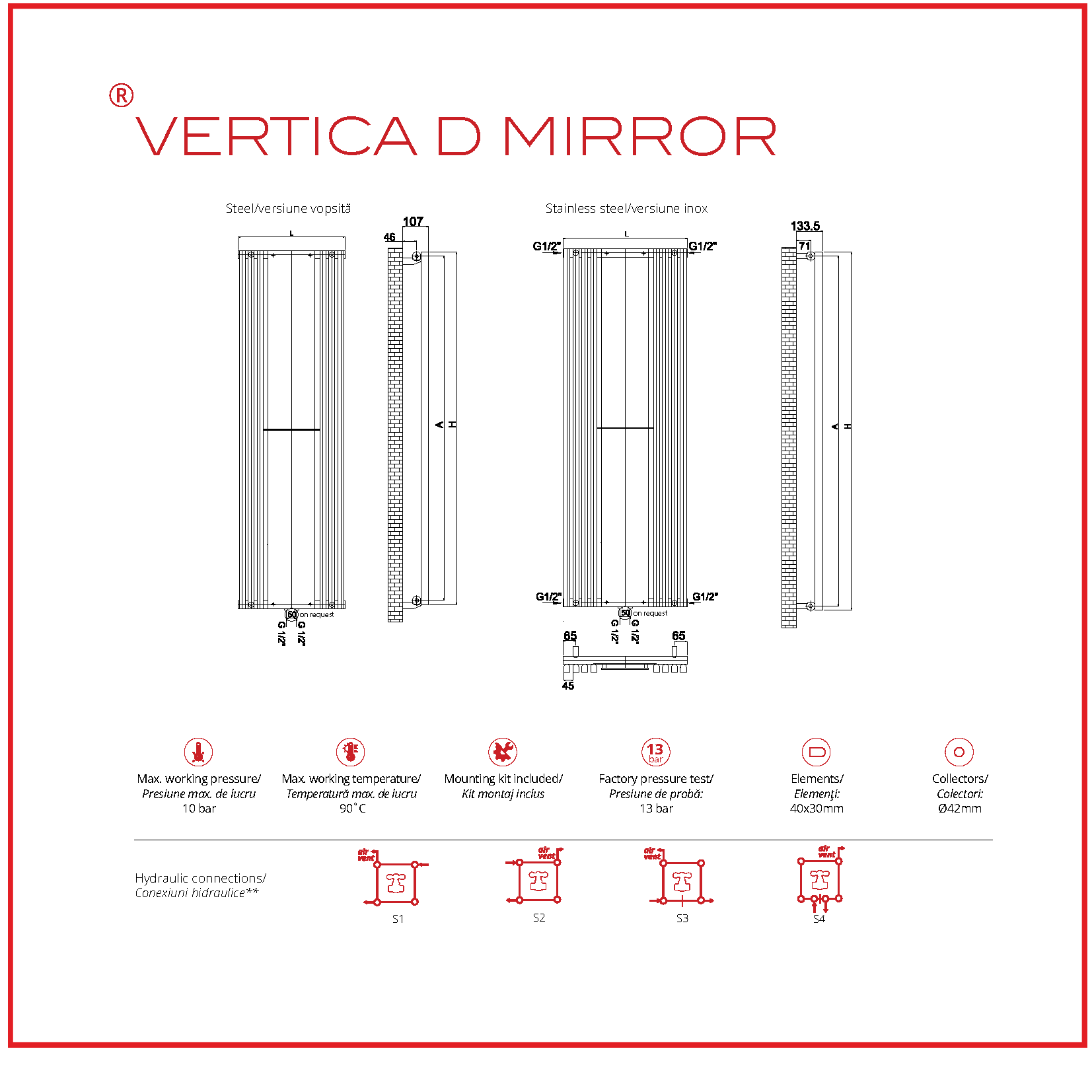 Calorifer decorativ inox 625/1800 mm VERTICA D MIRROR (include kit de instalare)