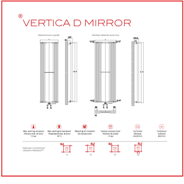 Calorifer decorativ inox 625/1800 mm VERTICA D MIRROR (include kit de instalare)