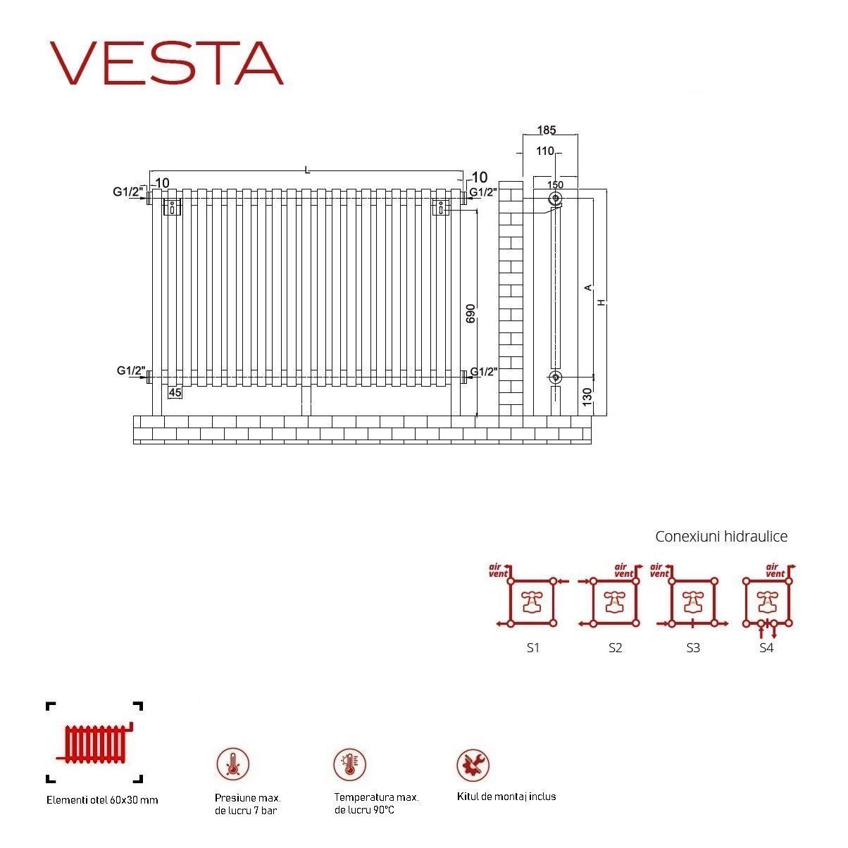 Calorifer decorativ inox 600/700 mm VESTA (include kit de instalare)
