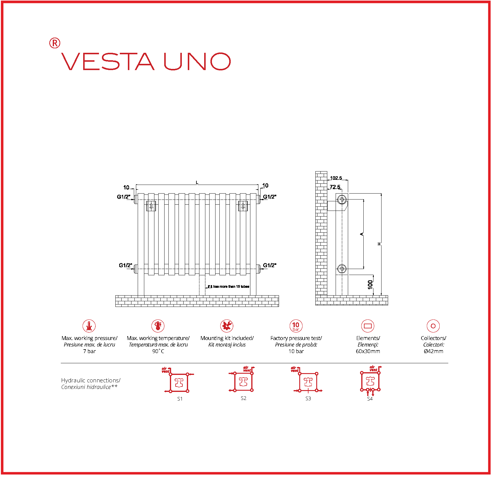 Calorifer decorativ cromat 900/1200 mm VESTA UNO (include kit de instalare)