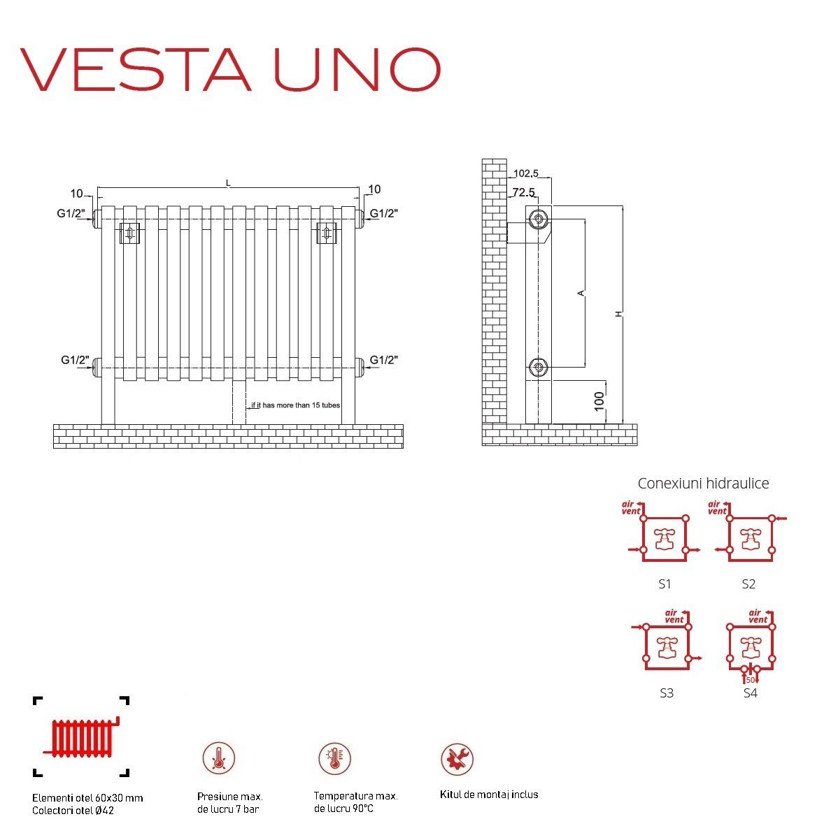 Calorifer decorativ inox 700/800 mm VESTA UNO (include kit de instalare)