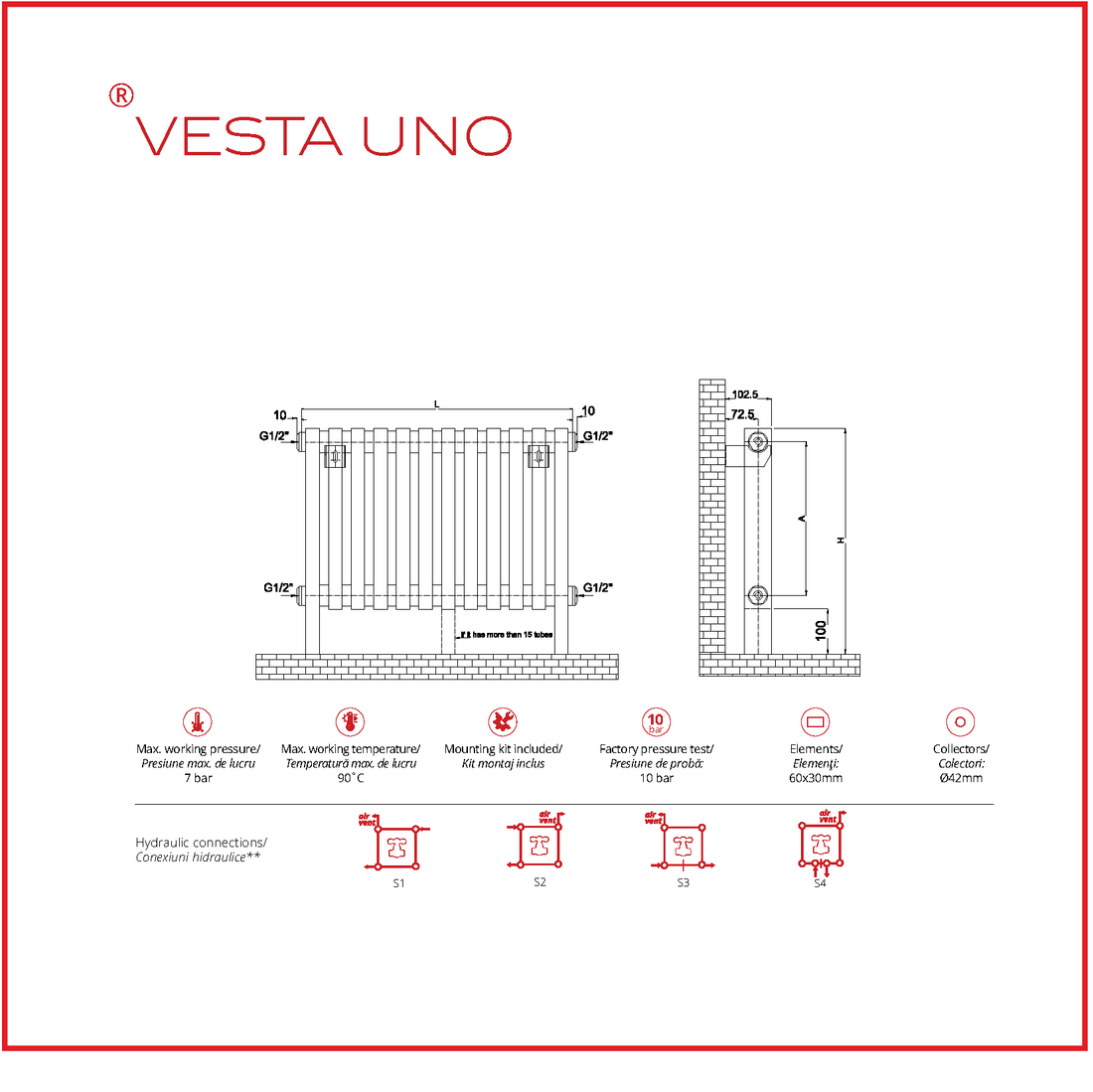 Calorifer decorativ cromat 600/800 mm VESTA UNO (include kit de instalare)